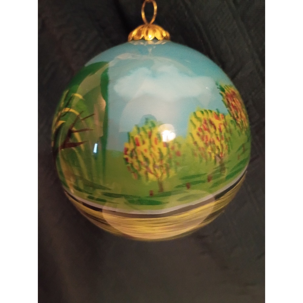 Hand Painted Glass Ball Ornament Swan Boat Park Scene Landscape Gold Cap - Picture 4 of 5